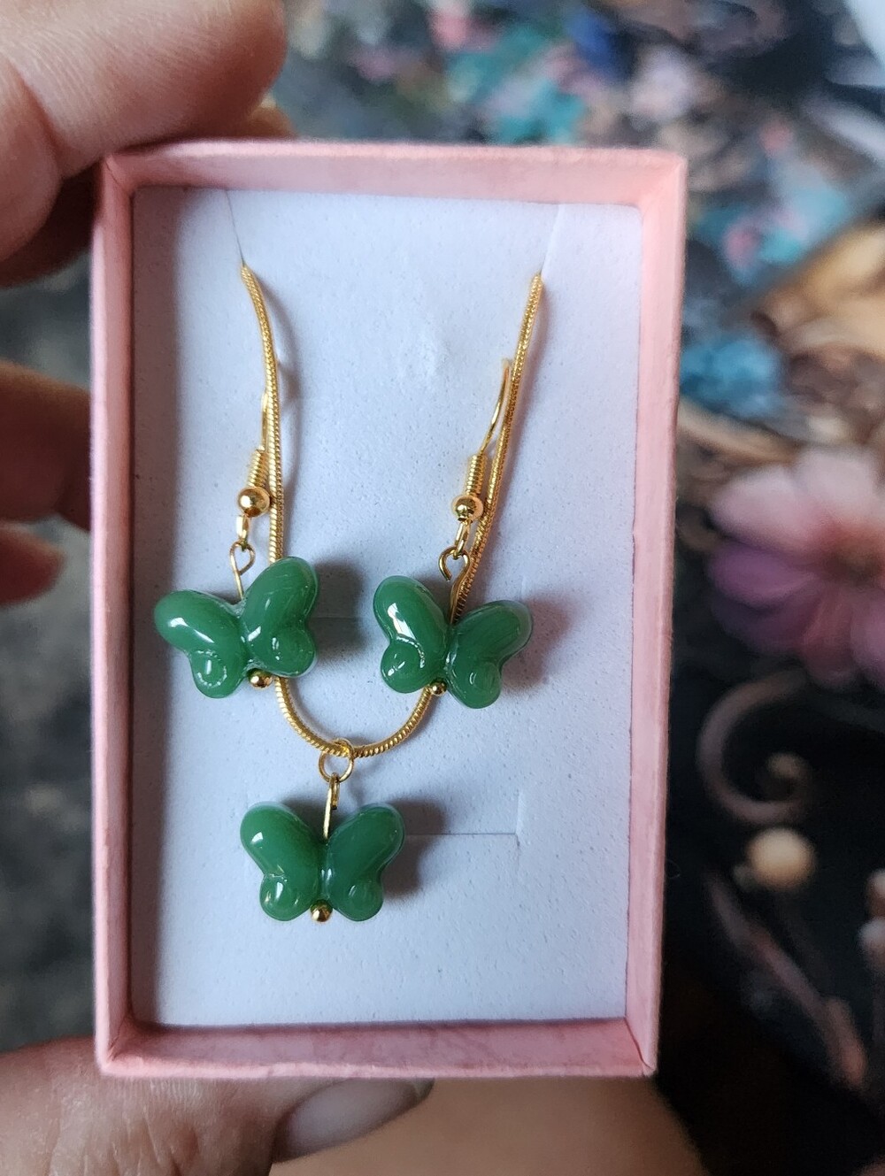 Green Glass Butterflies Necklace and Earrings Set- 24kt Over Stainless Steel